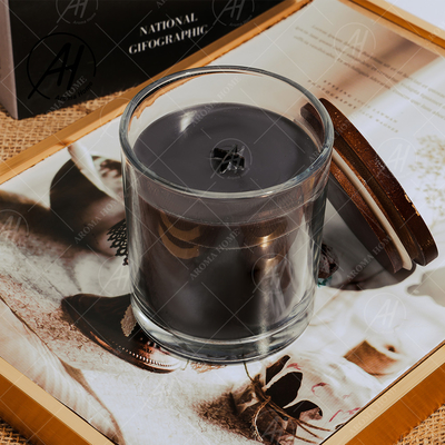 Candela trasparente su ordinazione del profumo della vaniglia della cera della soia del nero del barattolo con i coperchi di legno