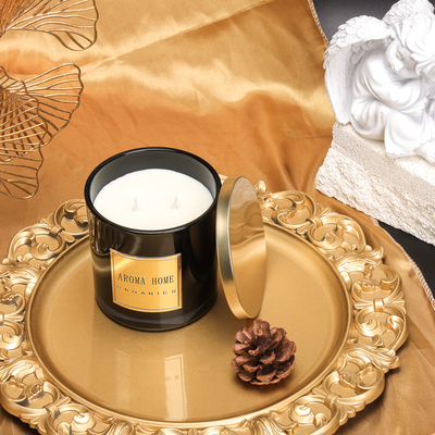 Etichetta privata 14OZ 400g del metallo del coperchio della bottiglia di vetro della cera del profumo della candela domestica nera dorata della soia