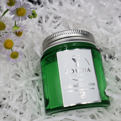 La cera della soia ha sentito Mason Jar Candles Coconut Oil casalingo in vetro verde